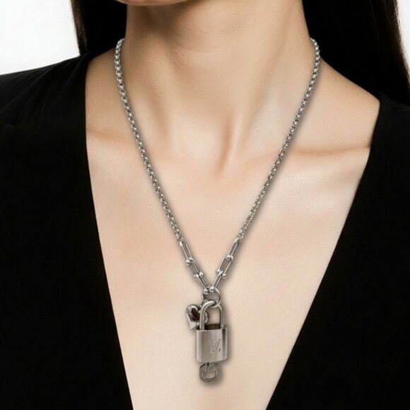 Stainless Steel Silver-Plated Necklace with Authentic Louis Vuitton Padlock